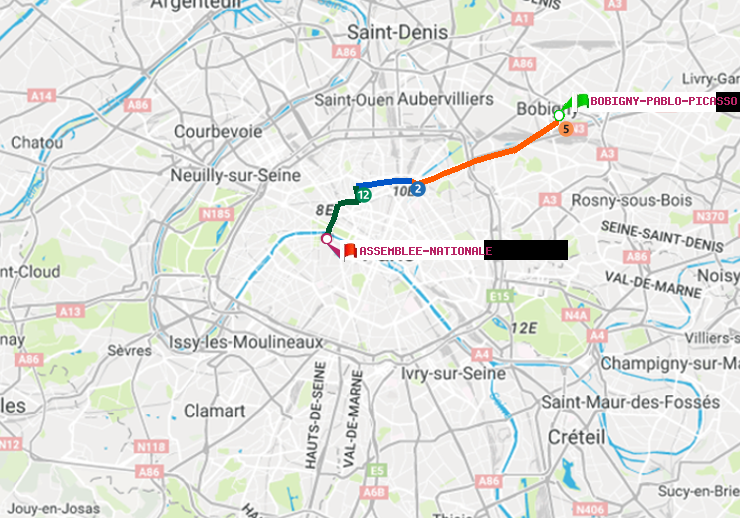 plan itinéraire ratp de Bobigny-Pablo-Picasso à Assemblée Nationale