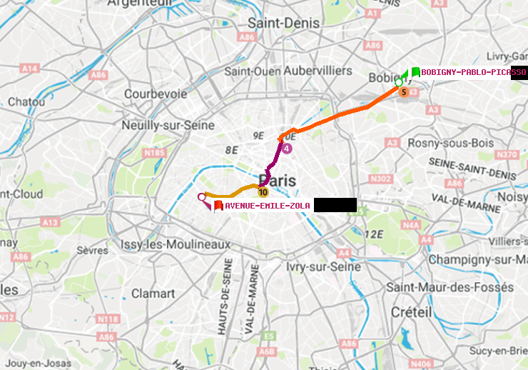 plan itinéraire ratp de Bobigny-Pablo-Picasso à Avenue Emile-Zola