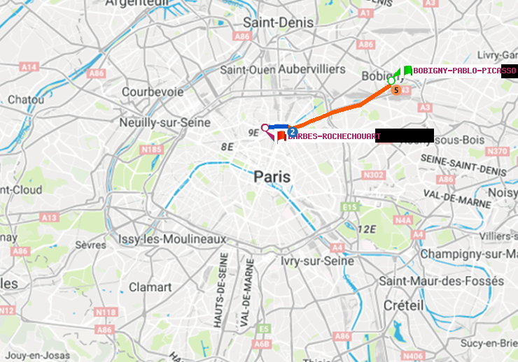 plan itinéraire ratp de Bobigny-Pablo-Picasso à Barbès-Rochechouart