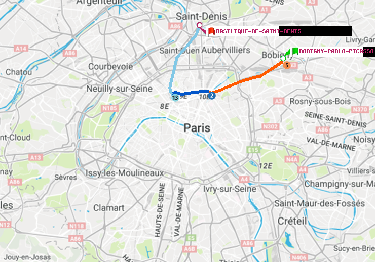 plan itinéraire ratp de Bobigny-Pablo-Picasso à Basilique de Saint-Denis