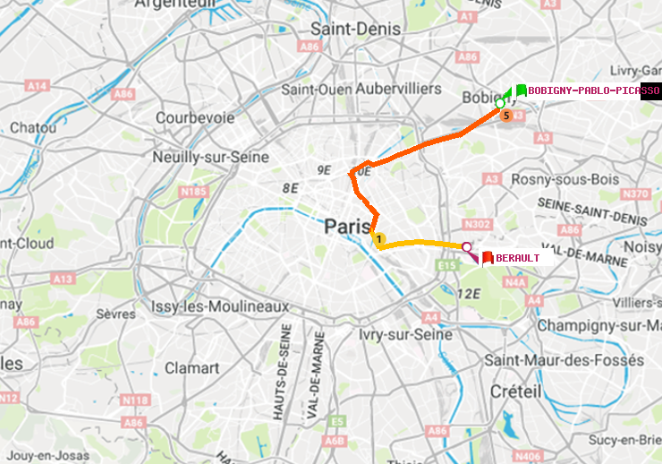 plan itinéraire ratp de Bobigny-Pablo-Picasso à Bérault