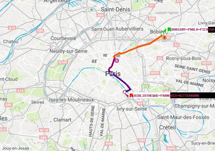 plan itinéraire ratp de Bobigny-Pablo-Picasso à Bibliotheque-Francois Mitterrand