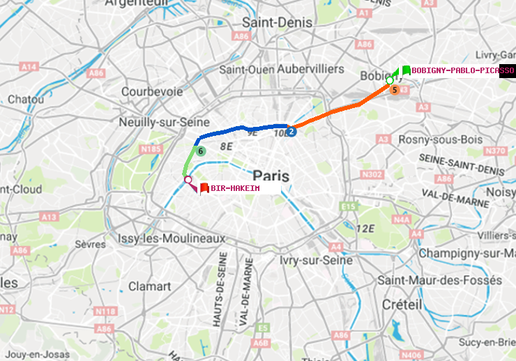 plan itinéraire ratp de Bobigny-Pablo-Picasso à Bir-Hakeim (Grenelle)