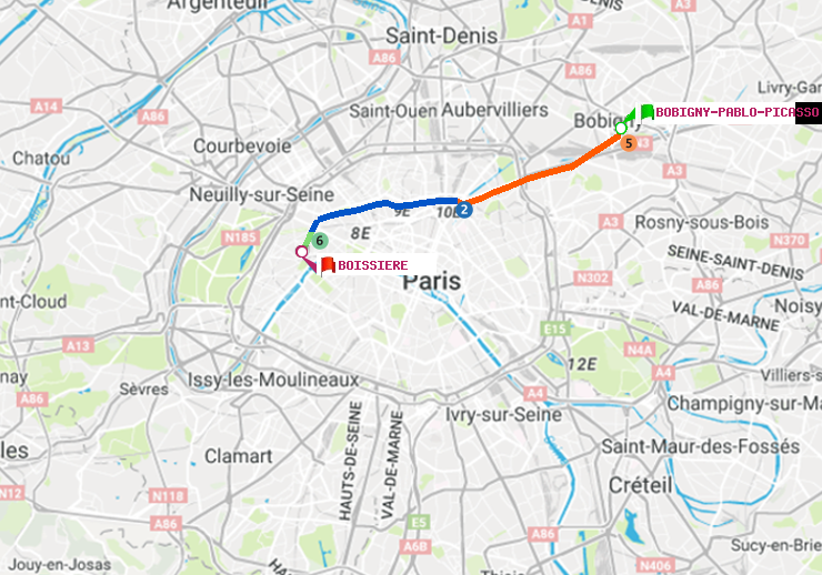plan itinéraire ratp de Bobigny-Pablo-Picasso à Boissière