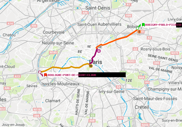plan itinéraire ratp de Bobigny-Pablo-Picasso à Boulogne Pont de Saint-Cloud