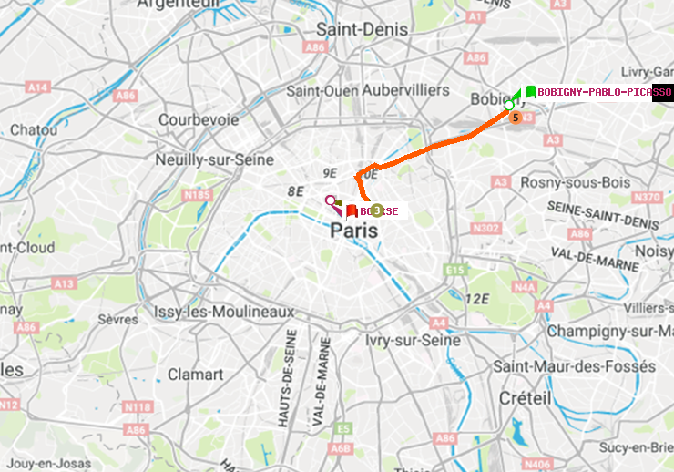 plan itinéraire ratp de Bobigny-Pablo-Picasso à Bourse
