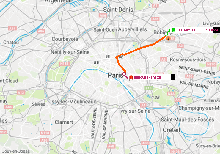 plan itinéraire ratp de Bobigny-Pablo-Picasso à Bréguet-Sabin