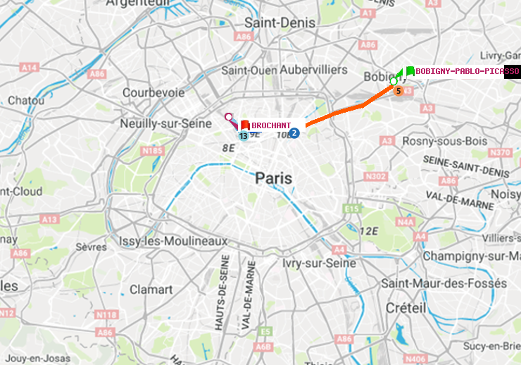 plan itinéraire ratp de Bobigny-Pablo-Picasso à Brochant