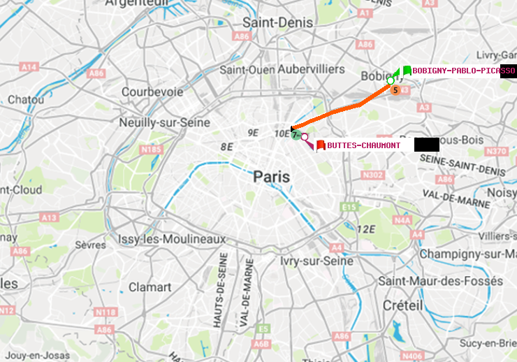 plan itinéraire ratp de Bobigny-Pablo-Picasso à Buttes-Chaumont
