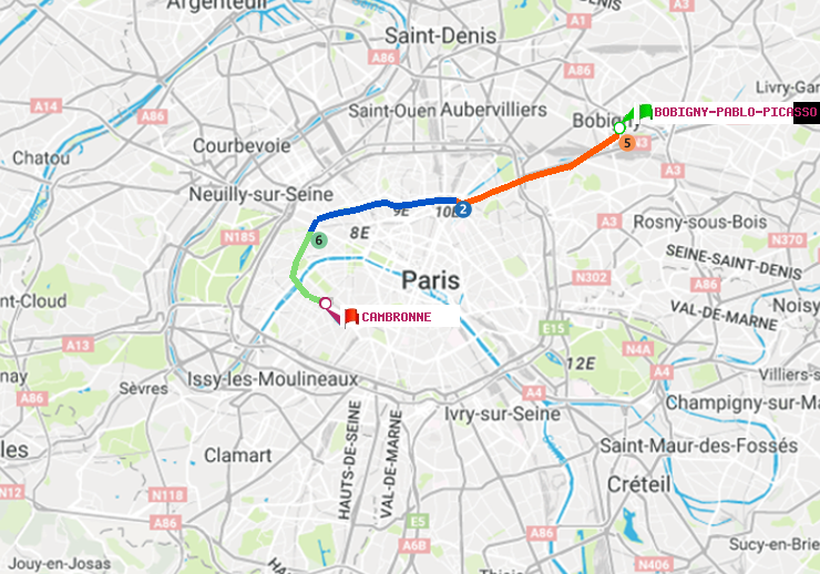 plan itinéraire ratp de Bobigny-Pablo-Picasso à Cambronne