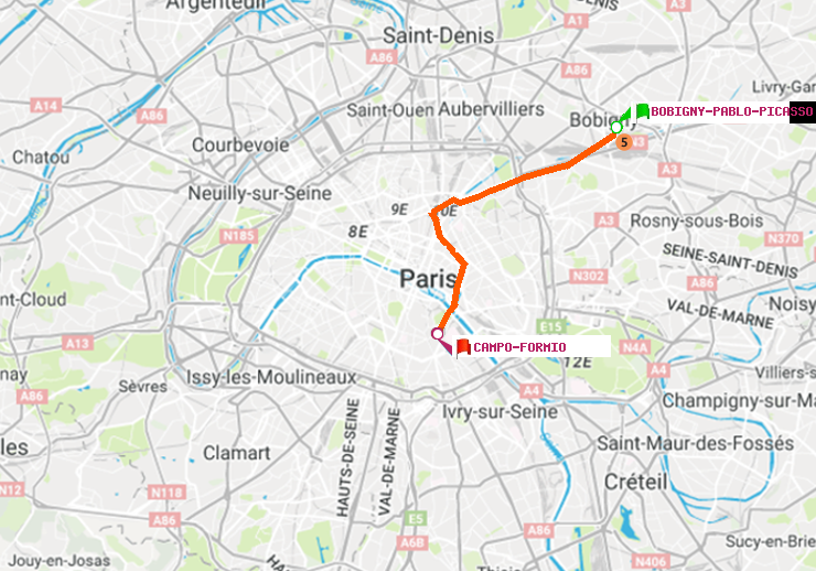 plan itinéraire ratp de Bobigny-Pablo-Picasso à Campo-Formio