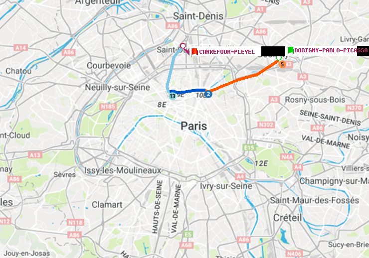 plan itinéraire ratp de Bobigny-Pablo-Picasso à Carrefour-Pleyel