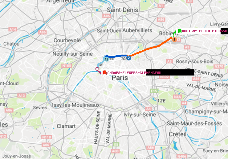 plan itinéraire ratp de Bobigny-Pablo-Picasso à Champs-Elysées-Clémenceau