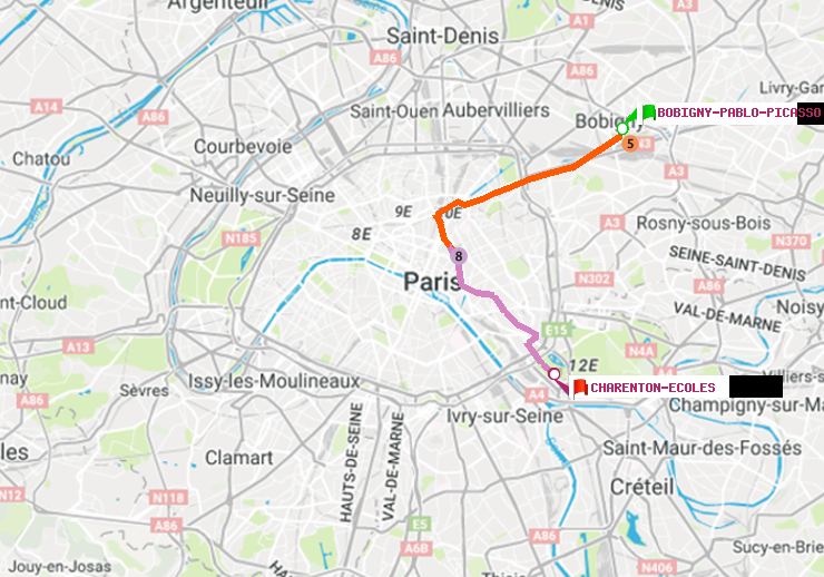 plan itinéraire ratp de Bobigny-Pablo-Picasso à Charenton-Ecoles