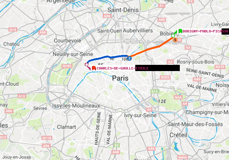 plan itinéraire ratp de Bobigny-Pablo-Picasso à Charles de Gaulle-Etoile