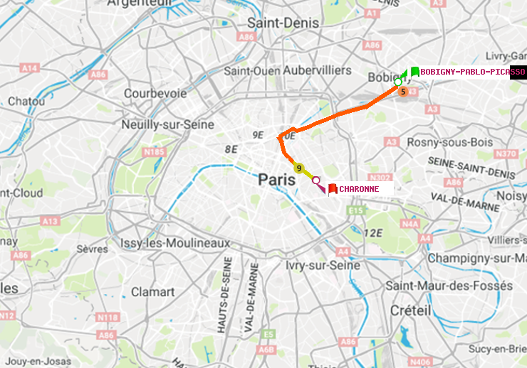 plan itinéraire ratp de Bobigny-Pablo-Picasso à Charonne