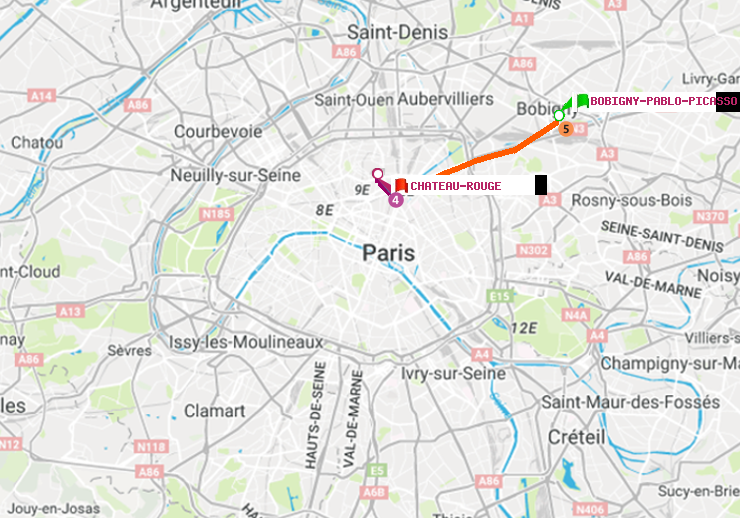 plan itinéraire ratp de Bobigny-Pablo-Picasso à Château Rouge