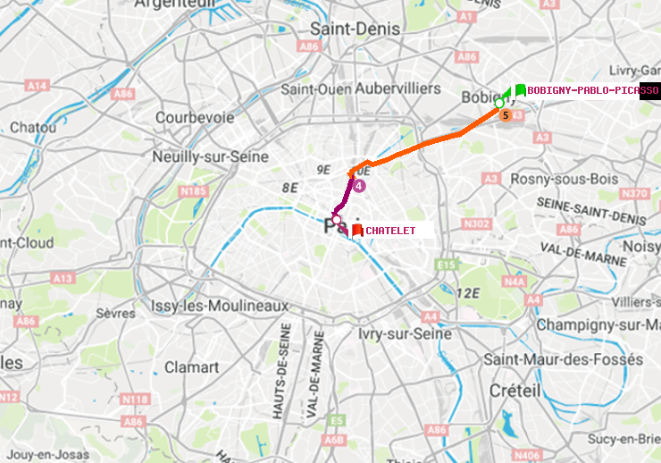 plan itinéraire ratp de Bobigny-Pablo-Picasso à Châtelet