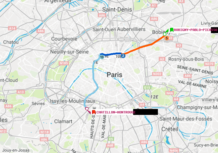 plan itinéraire ratp de Bobigny-Pablo-Picasso à Châtillon Montrouge