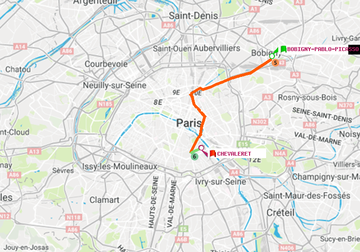 plan itinéraire ratp de Bobigny-Pablo-Picasso à Chevaleret