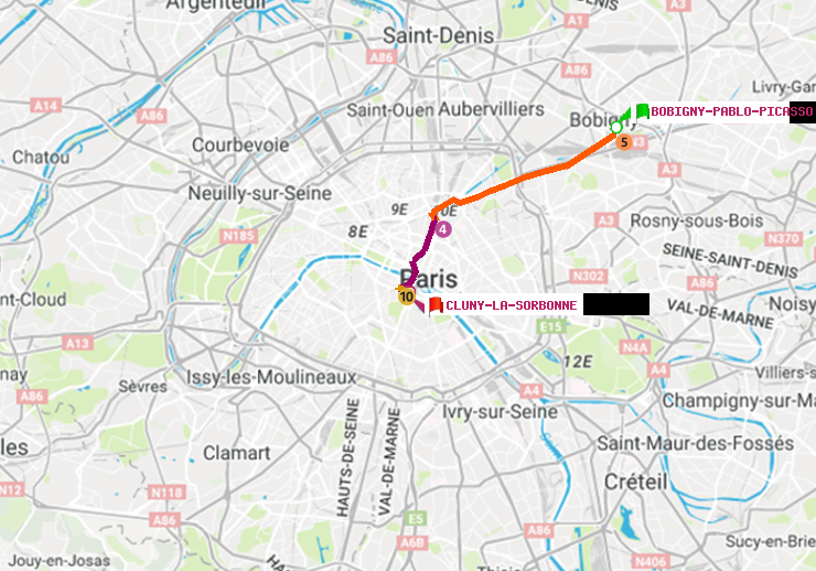 plan itinéraire ratp de Bobigny-Pablo-Picasso à Cluny-La Sorbonne