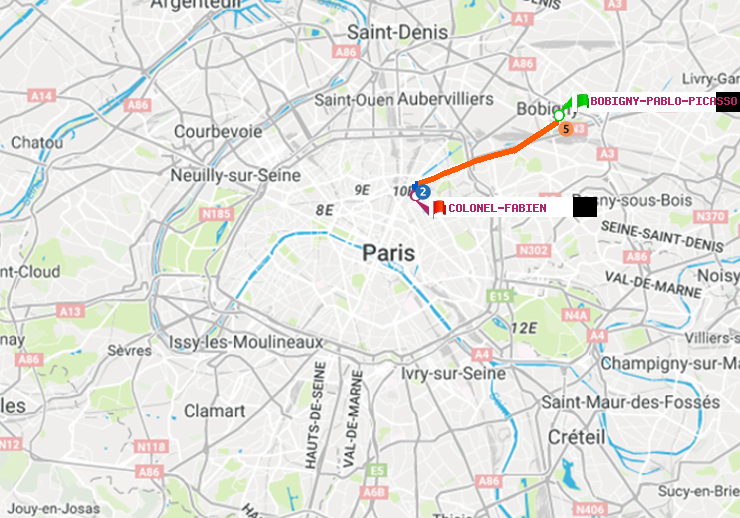 plan itinéraire ratp de Bobigny-Pablo-Picasso à Colonel Fabien