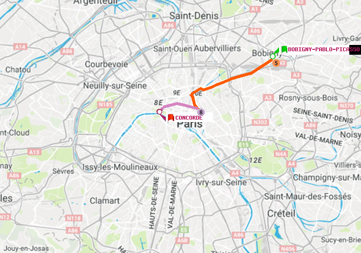 plan itinéraire ratp de Bobigny-Pablo-Picasso à Concorde