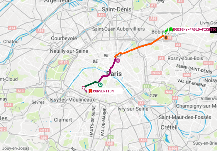 plan itinéraire ratp de Bobigny-Pablo-Picasso à Convention