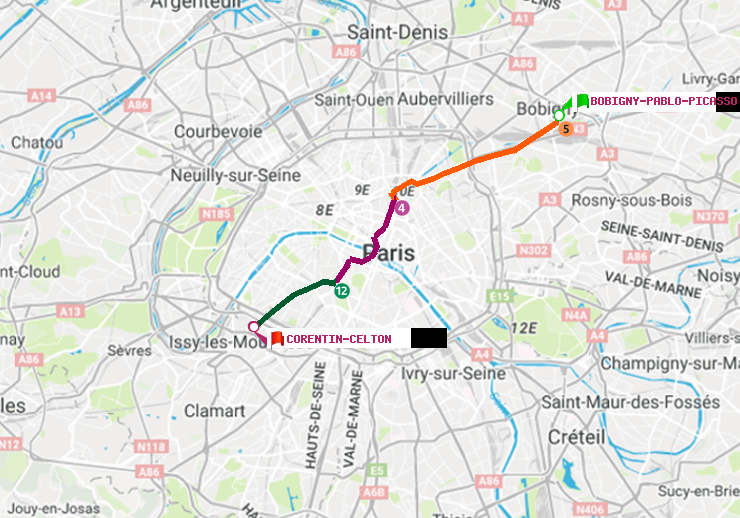 plan itinéraire ratp de Bobigny-Pablo-Picasso à Corentin-Celton