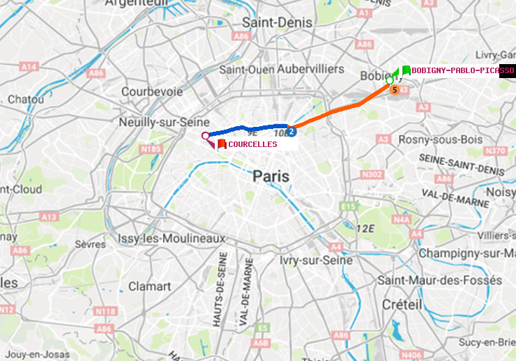 plan itinéraire ratp de Bobigny-Pablo-Picasso à Courcelles