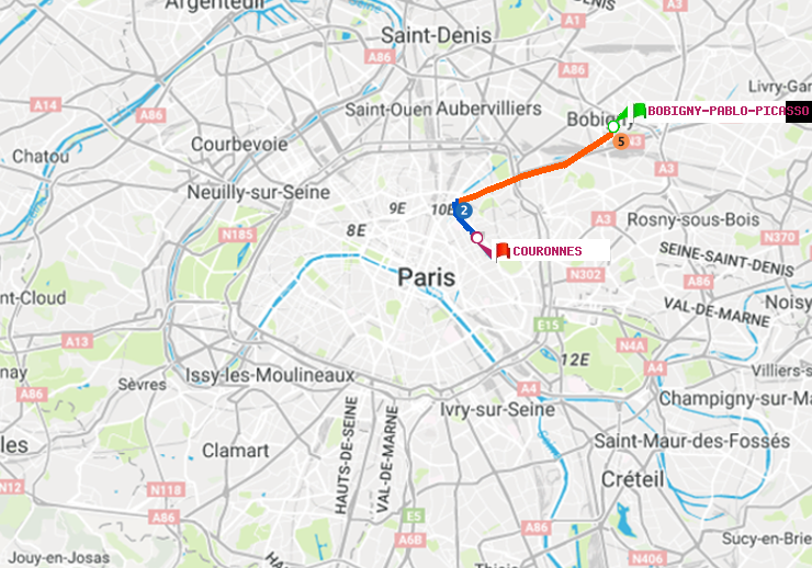 plan itinéraire ratp de Bobigny-Pablo-Picasso à Couronnes