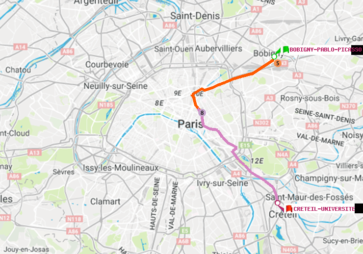 plan itinéraire ratp de Bobigny-Pablo-Picasso à Créteil-Université
