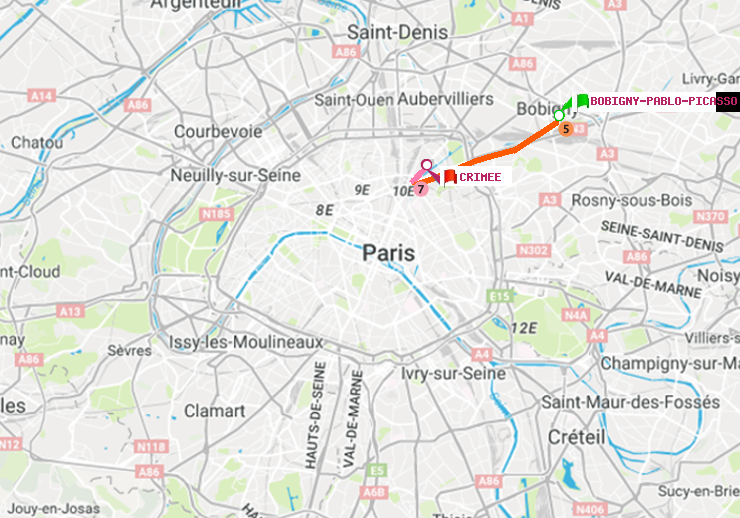 plan itinéraire ratp de Bobigny-Pablo-Picasso à Crimée