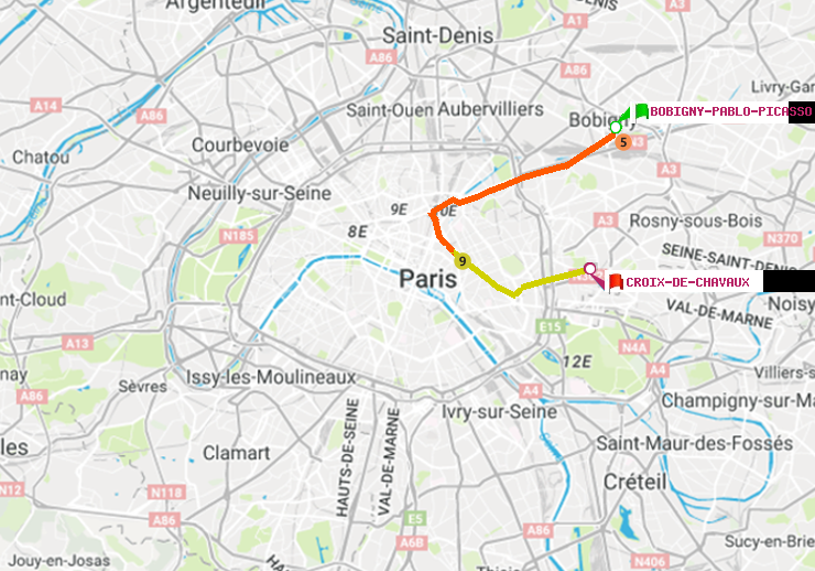 plan itinéraire ratp de Bobigny-Pablo-Picasso à Croix-de-Chavaux (Jacques Duclos)