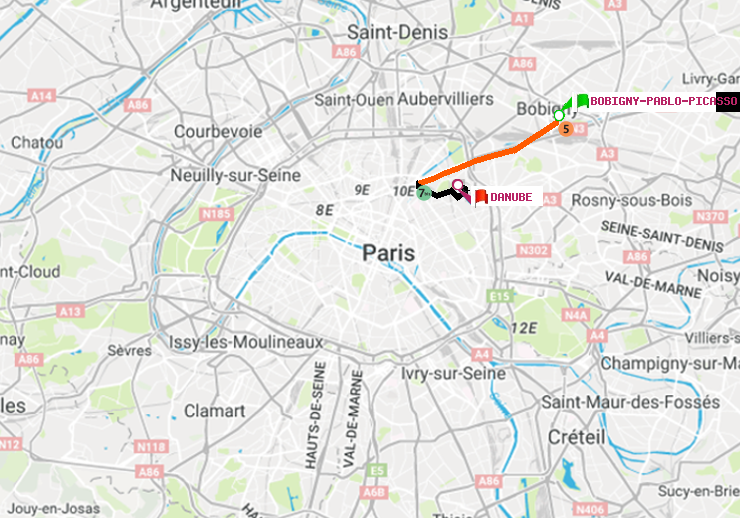 plan itinéraire ratp de Bobigny-Pablo-Picasso à Danube