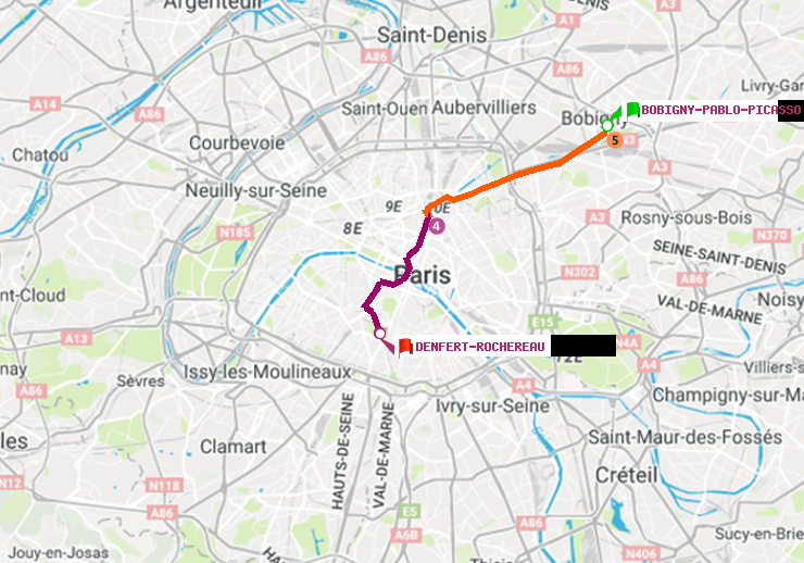 plan itinéraire ratp de Bobigny-Pablo-Picasso à Denfert-Rochereau