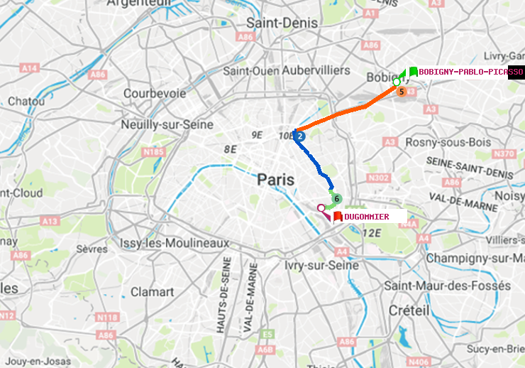 plan itinéraire ratp de Bobigny-Pablo-Picasso à Dugommier
