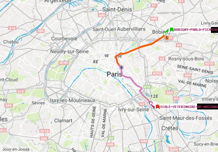 plan itinéraire ratp de Bobigny-Pablo-Picasso à Ecole Vétérinaire de Maisons-Alfort