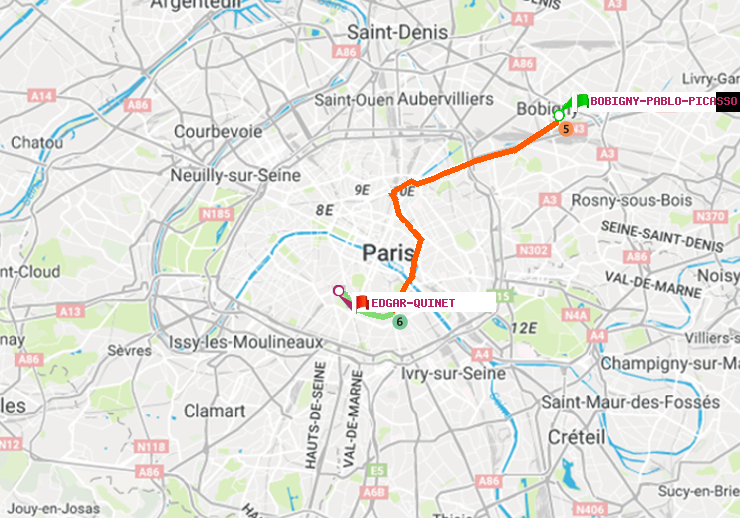 plan itinéraire ratp de Bobigny-Pablo-Picasso à Edgar-Quinet
