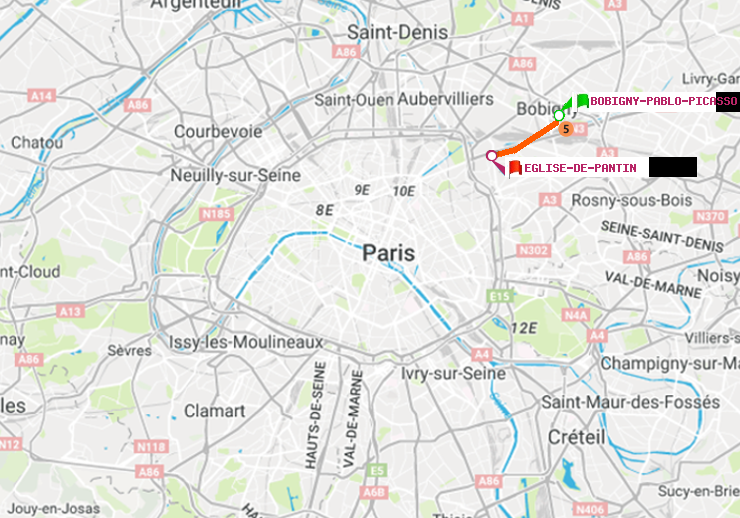 plan itinéraire ratp de Bobigny-Pablo-Picasso à Eglise de Pantin