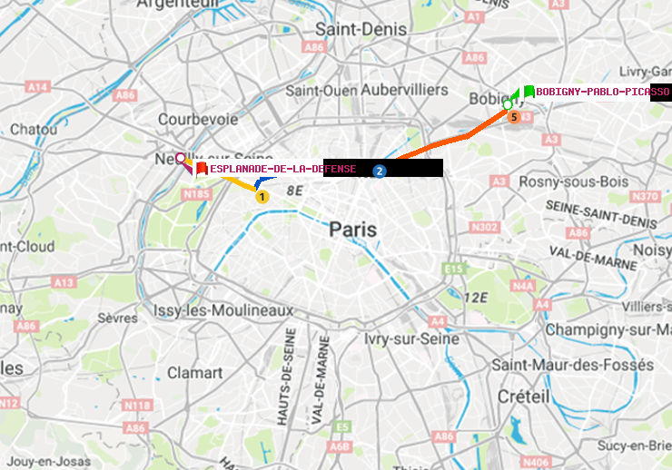 plan itinéraire ratp de Bobigny-Pablo-Picasso à Esplanade de la Défense