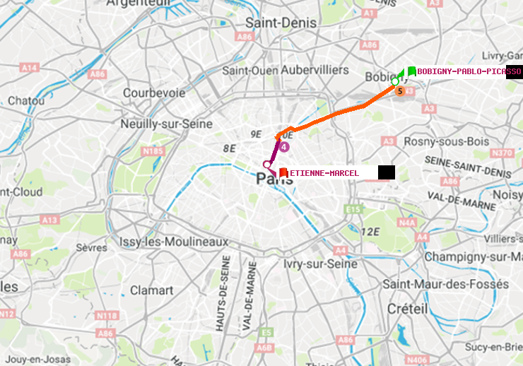 plan itinéraire ratp de Bobigny-Pablo-Picasso à Etienne Marcel