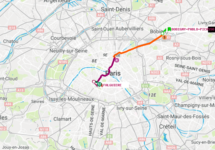 plan itinéraire ratp de Bobigny-Pablo-Picasso à Falguière