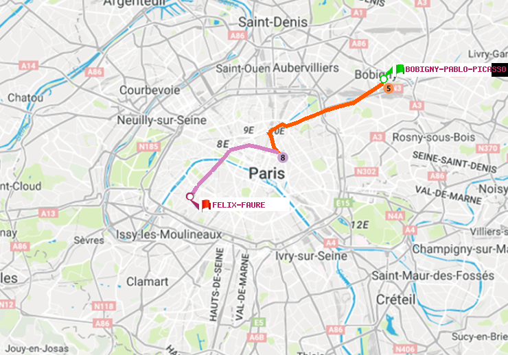 plan itinéraire ratp de Bobigny-Pablo-Picasso à Félix Faure