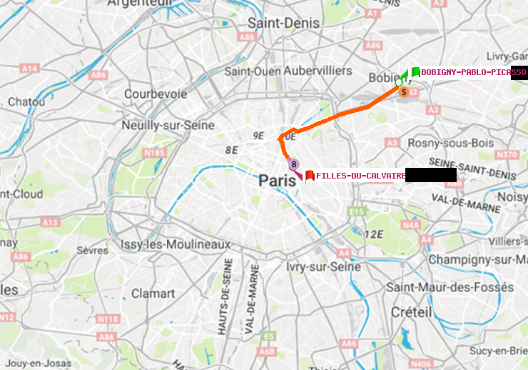 plan itinéraire ratp de Bobigny-Pablo-Picasso à Filles du Calvaire
