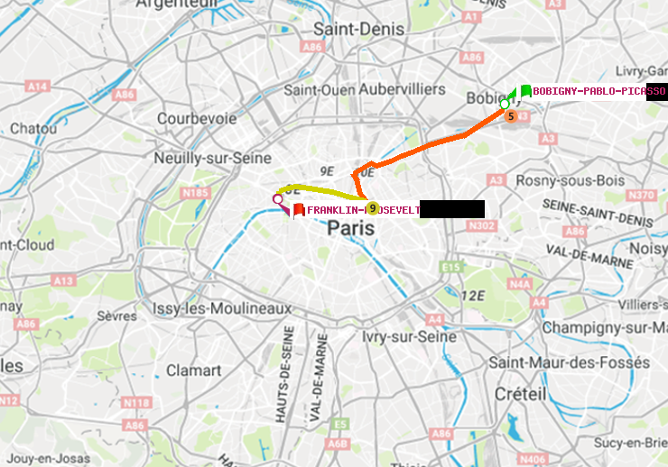plan itinéraire ratp de Bobigny-Pablo-Picasso à Franklin-Roosevelt