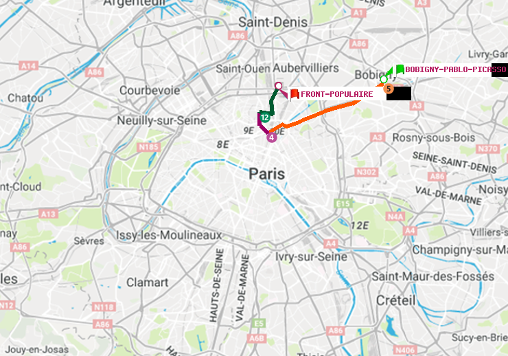 plan itinéraire ratp de Bobigny-Pablo-Picasso à Front Populaire