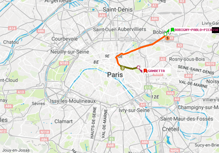 plan itinéraire ratp de Bobigny-Pablo-Picasso à Gambetta