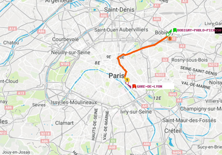 plan itinéraire ratp de Bobigny-Pablo-Picasso à Gare de Lyon