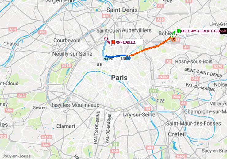 plan itinéraire ratp de Bobigny-Pablo-Picasso à Garibaldi